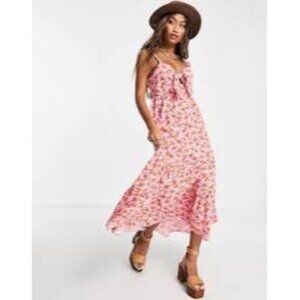 Topshop Pink and Red‎ Rose Poplin Bow Front Sleeveless Boho Midi Dress Size 6